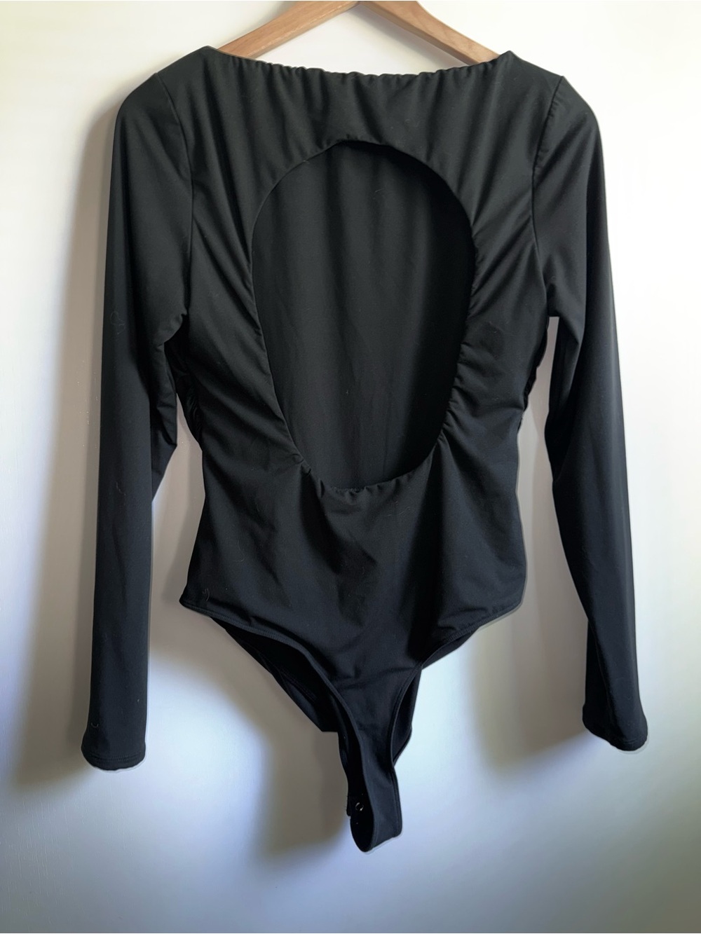 PinkmStyle Open Back Long Sleeve Black Bodysuit Double Lined Ruched Size XL